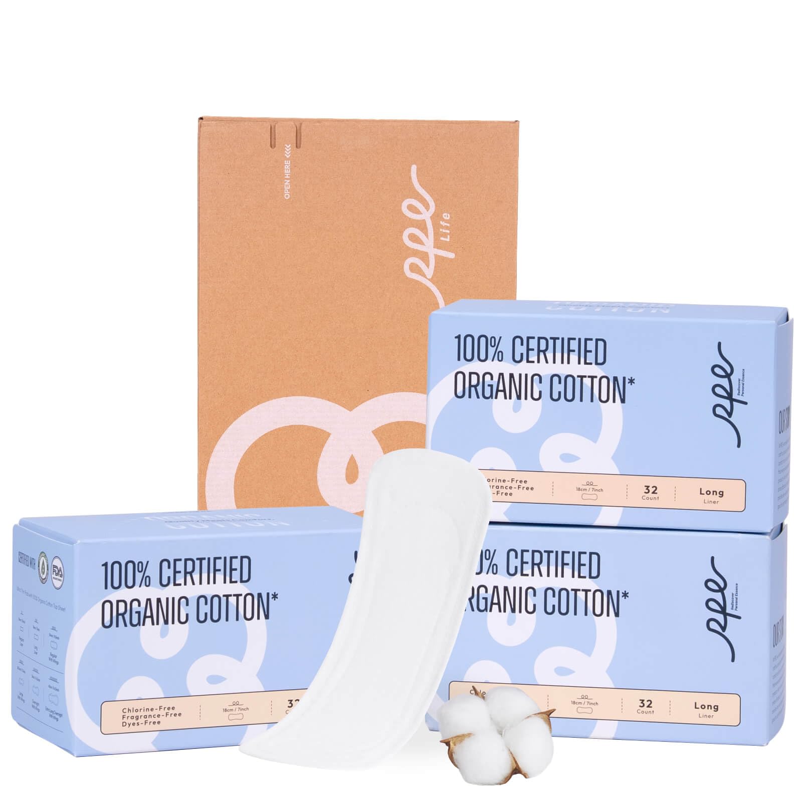 RPE Life organic long panty liner pack front offers discreet daily protection and comfort.