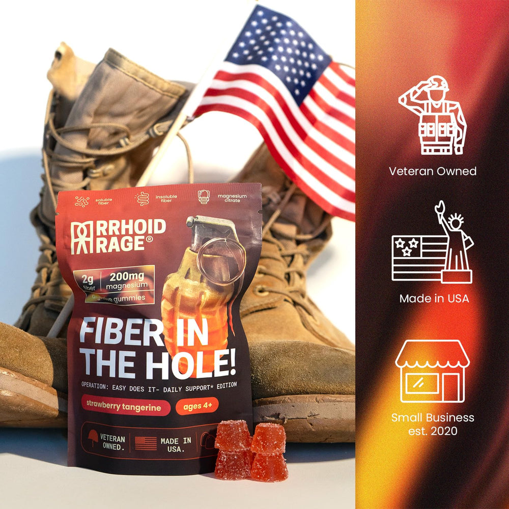 Rrhoid Rage gummies with colorful texture on tray illustrating portable daily support.