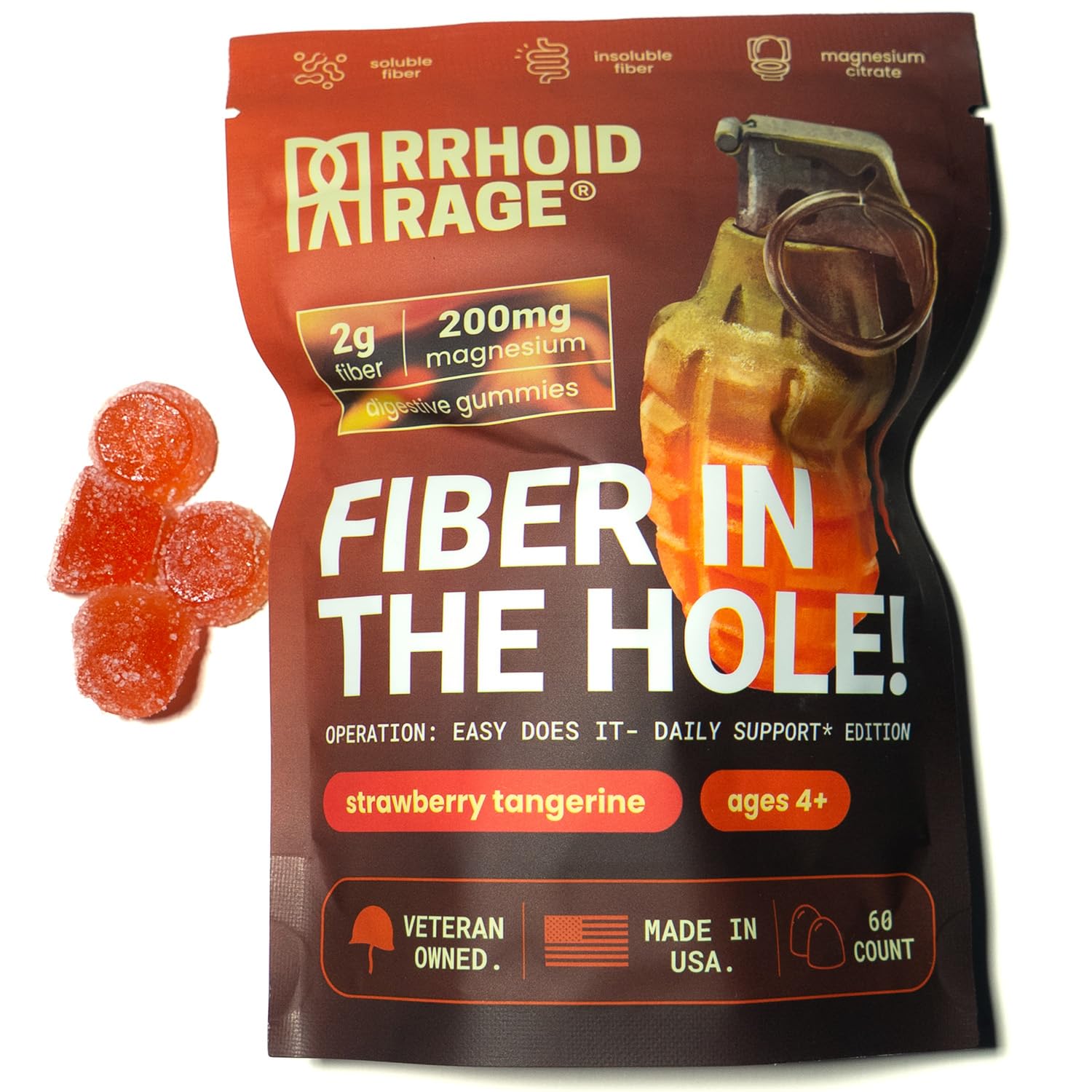 Rrhoid Rage fiber gummies bottle closeup highlighting USA-made digestive health formula.