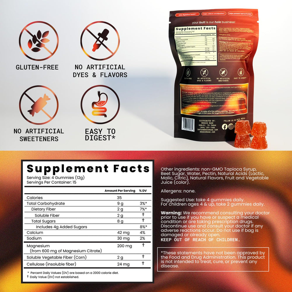 Rrhoid Rage gummies on counter showcasing tasty fiber blend for regularity.
