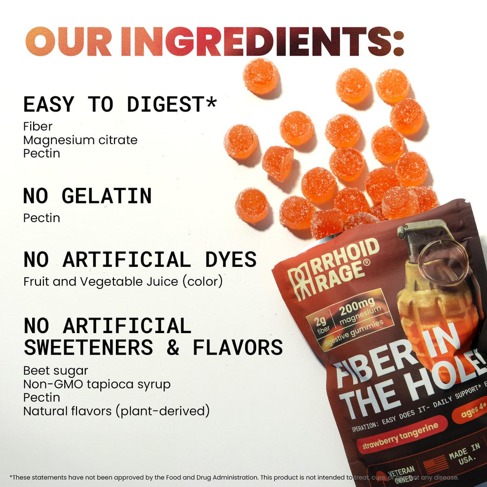 Rrhoid Rage bottle label highlighting USA-made production and veteran-owned brand.