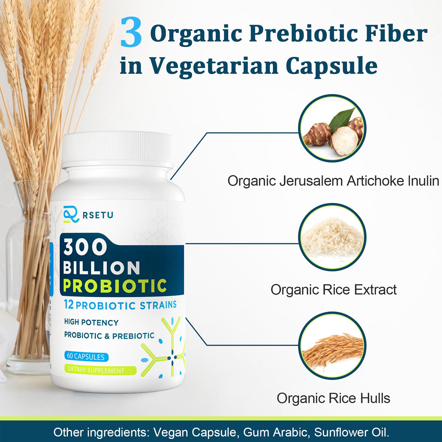 RSETU bottle includes organic inulin and rice fiber to nourish bacteria.