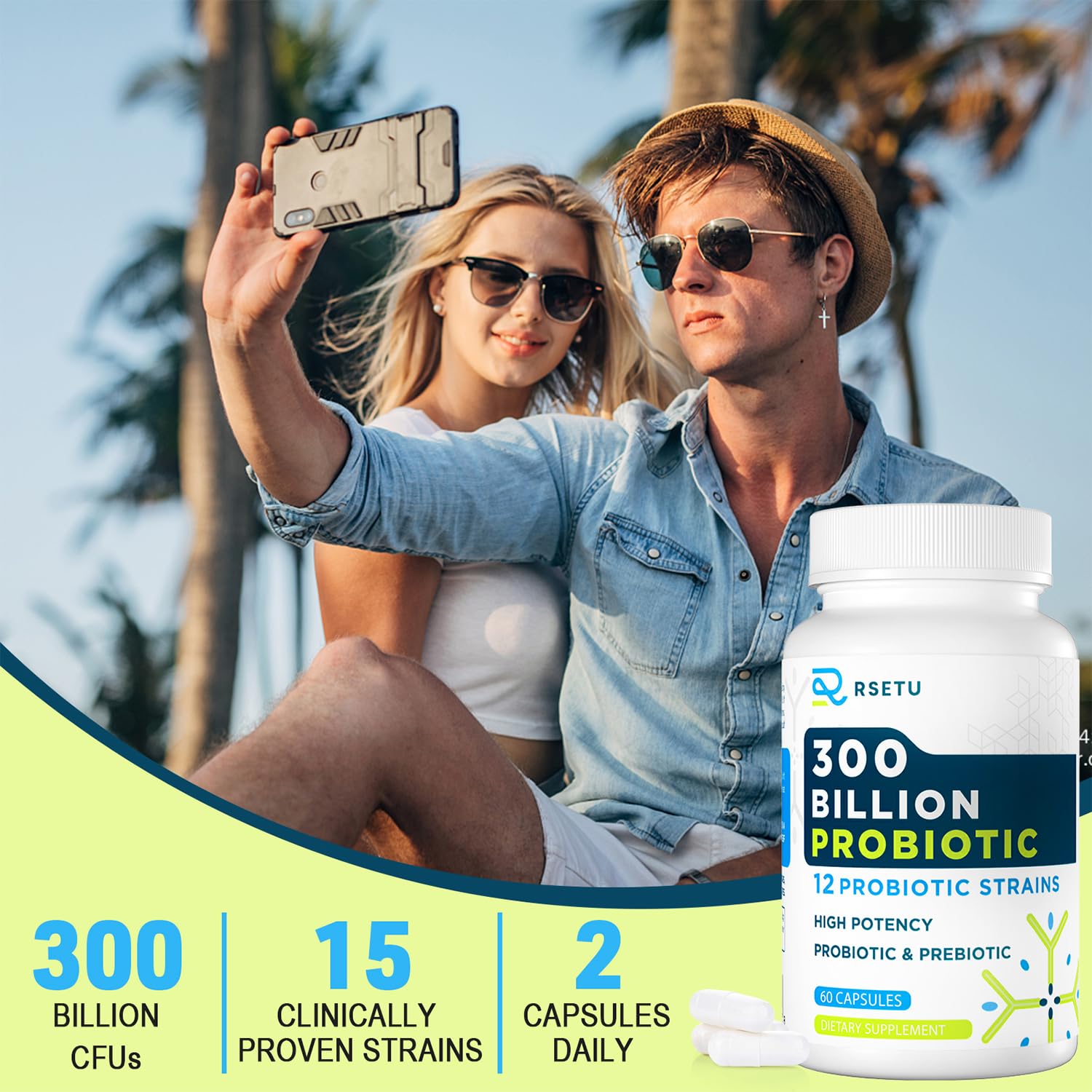 RSETU vegan, non-GMO probiotic capsules free from common allergens.
