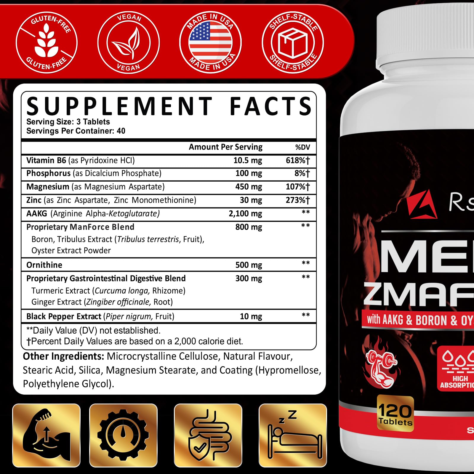 Rsferou ZMAFORCE capsules close-up, easy-to-swallow tablets supporting energy and muscle recovery.