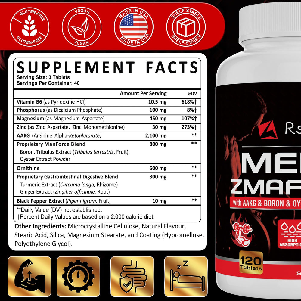 Rsferou ZMAFORCE capsules close-up, easy-to-swallow tablets supporting energy and muscle recovery.