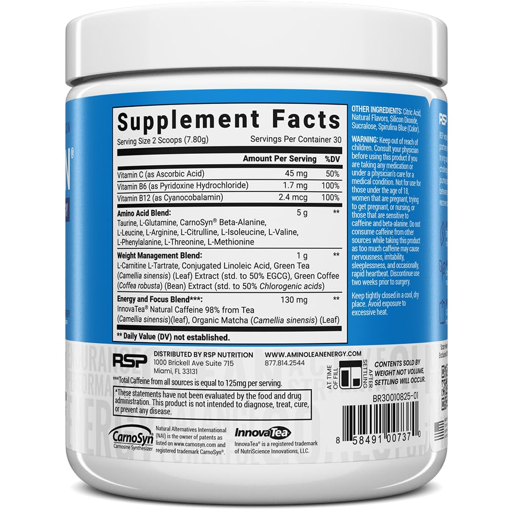 RSP Nutrition AminoLean label close-up showing vegan ingredients and zero sugar