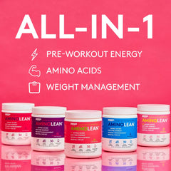 AminoLean scoop beside the bottle highlights convenient daily amino support.