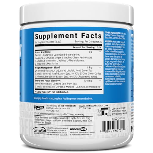 RSP Nutrition AminoLean with scoop ready to mix for quick energy boost