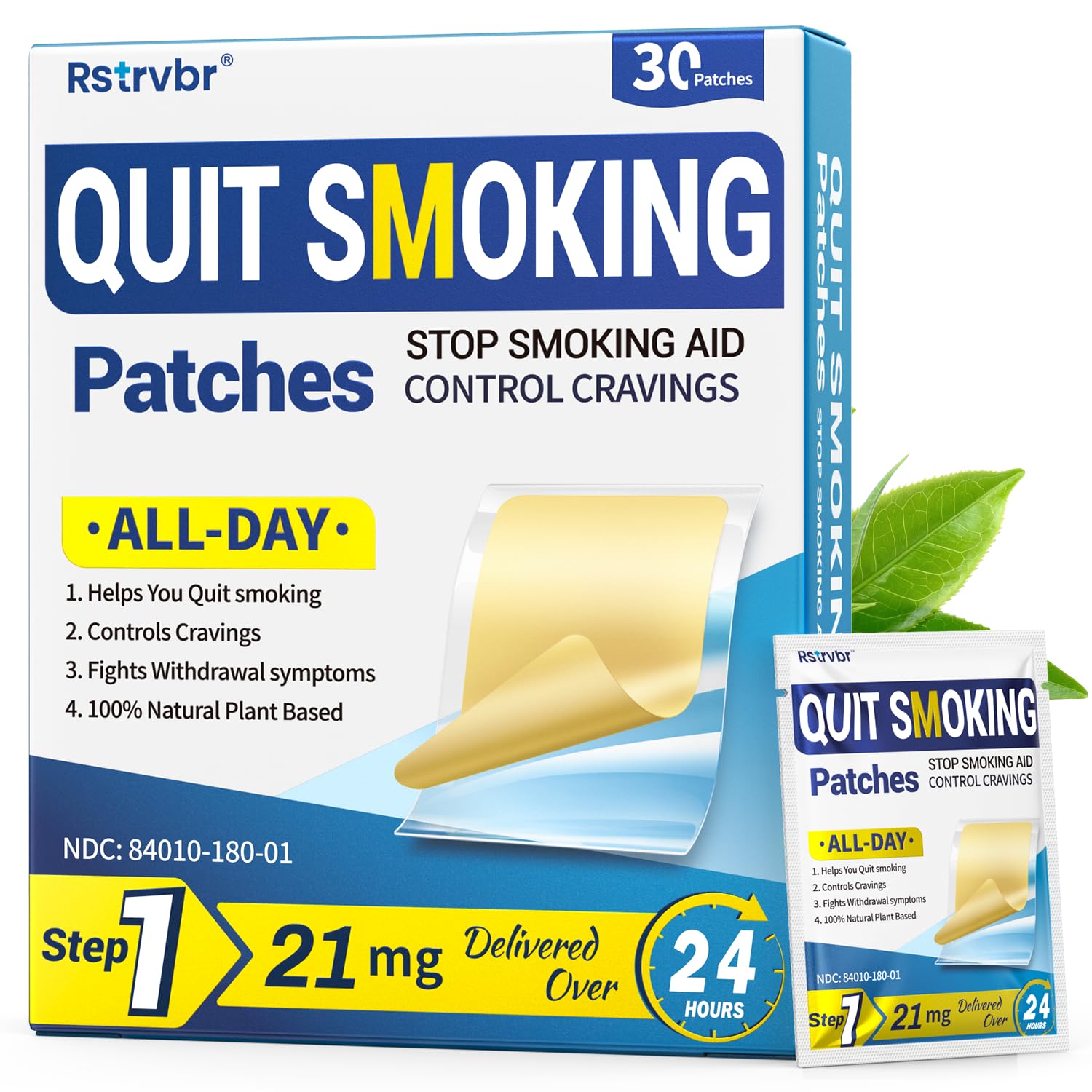 Rstrvbr Step 1 patch packaging with a 30-count box for steady cravings relief