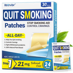 Rstrvbr Step 1 patch packaging with a 30-count box for steady cravings relief