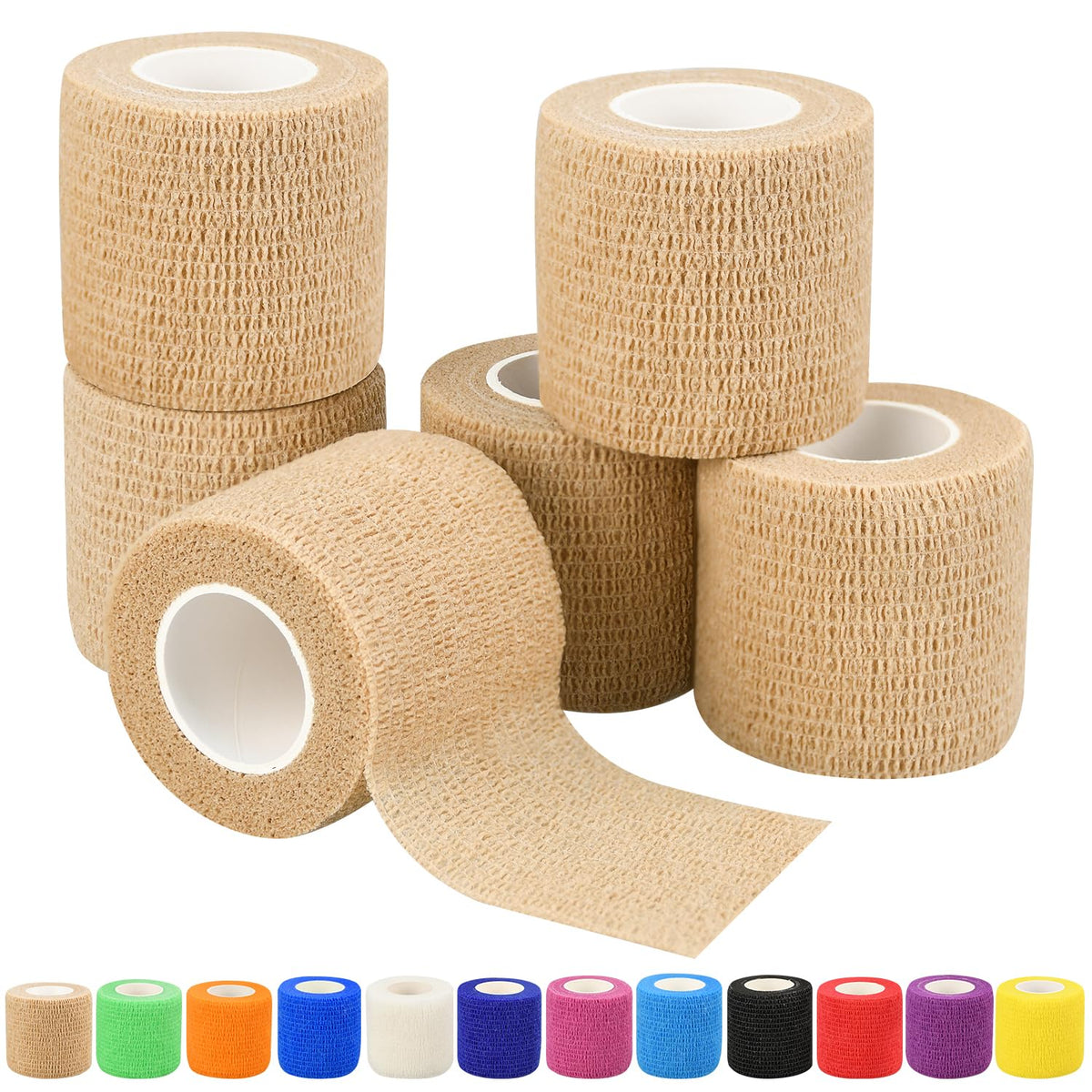 RUBY.Q 2-inch skin-color self-adhesive bandage wrap rolls laid out for quick fixes