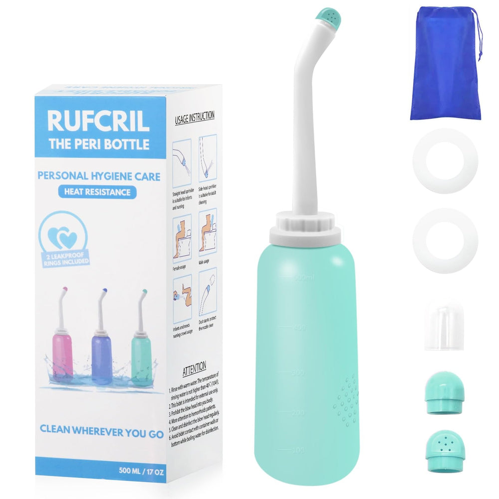 RUFCRIL Peri Bottle: cuello-angulo para flujo constante en la higiene íntima.