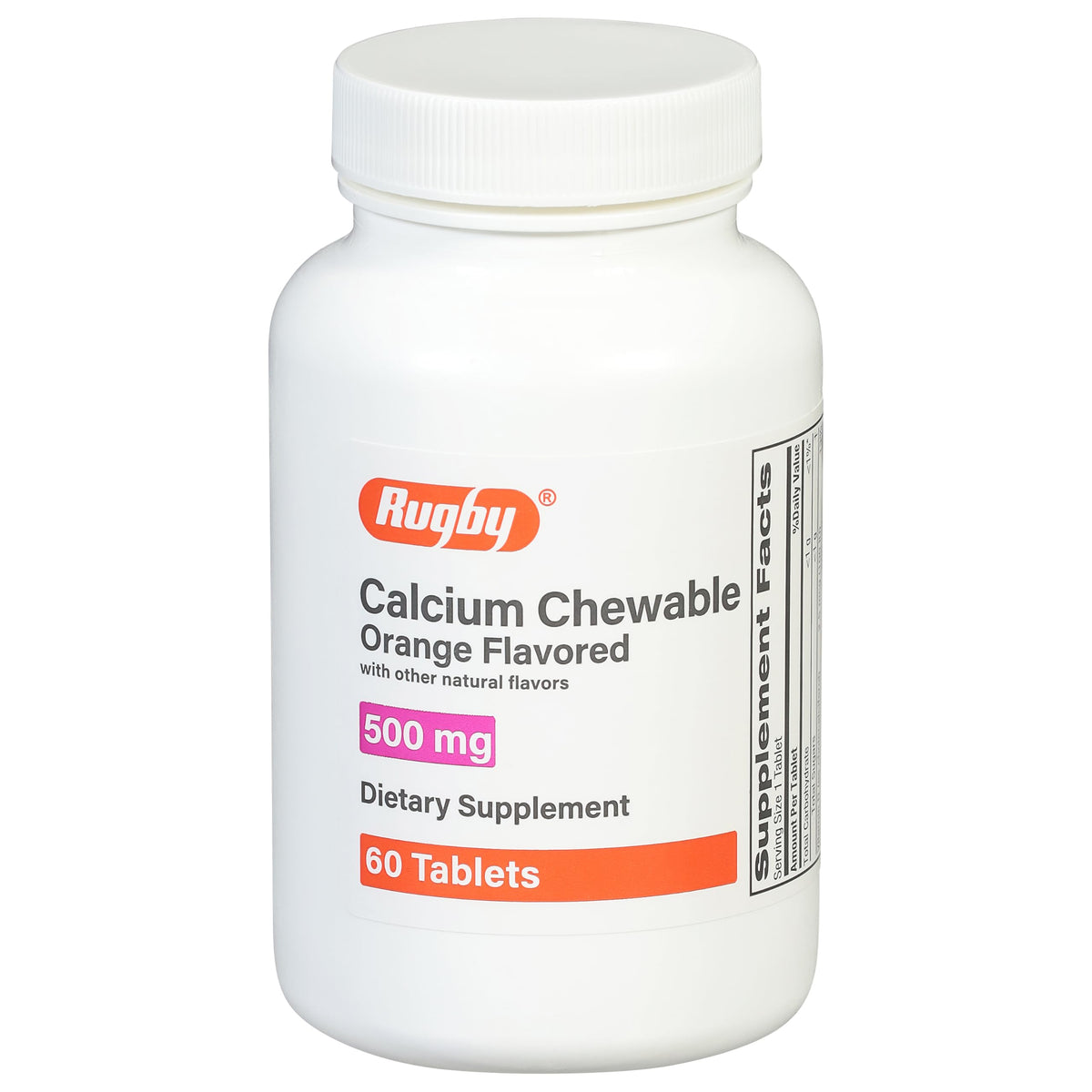 Rugby Calcium chewable orange bottle shown for daily calcium support