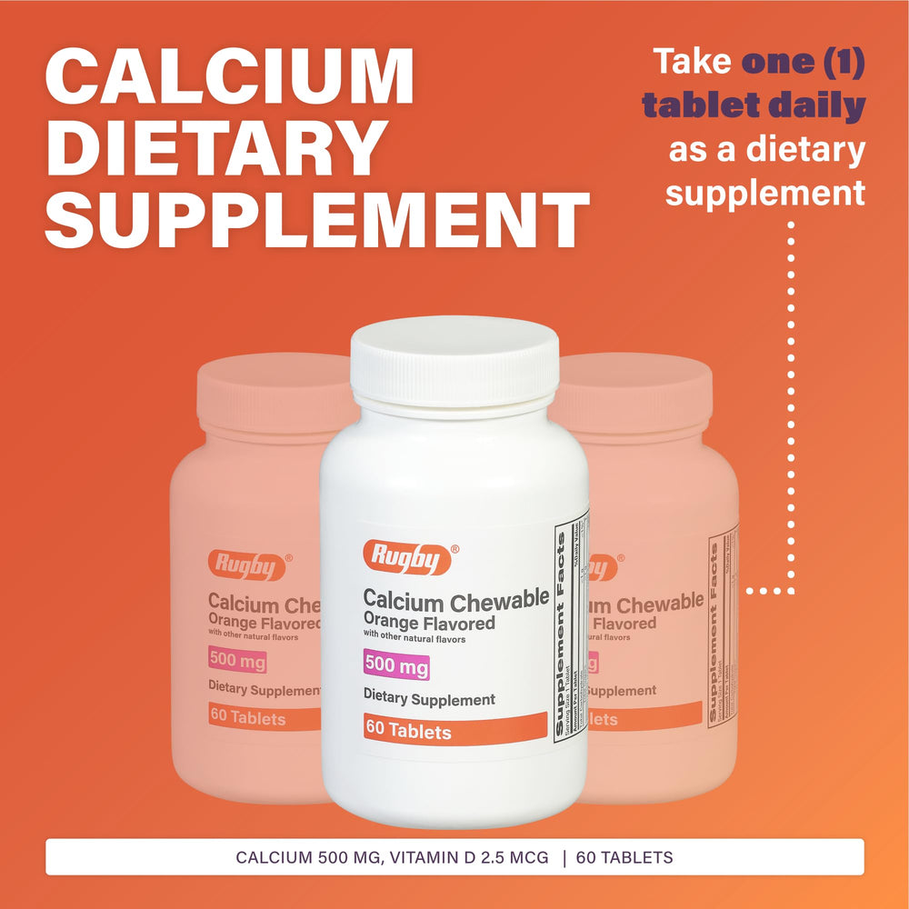 Rugby Calcium chewable tablet close-up highlighting orange flavor and vitamin D