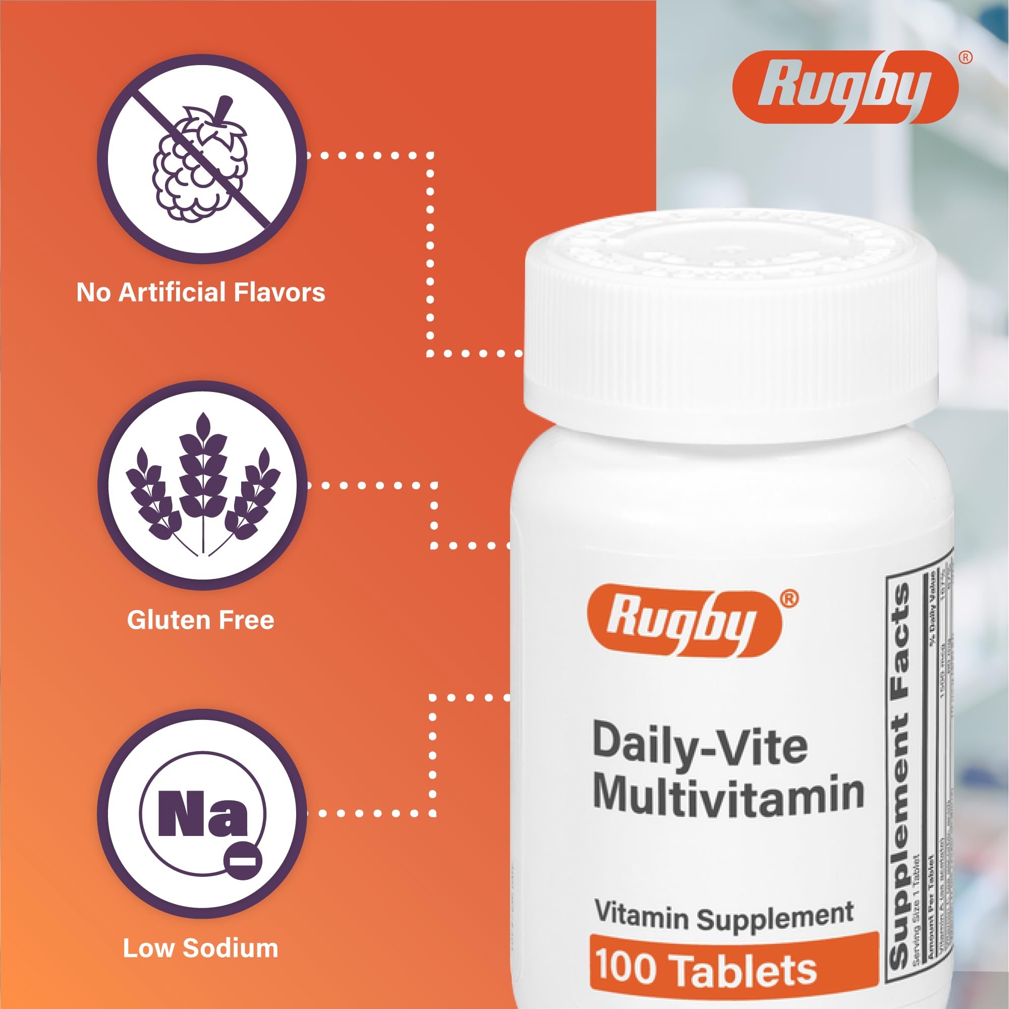 Rugby Daily-Vite: etiqueta frontal que destaca vitaminas clave para la nutrición diaria.