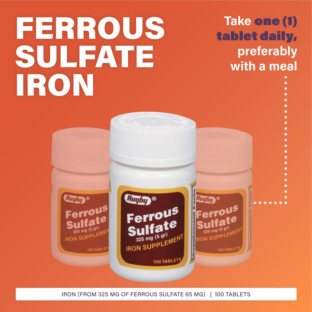 Rugby Ferrous Sulfate 325mg packaging shown for easy daily use