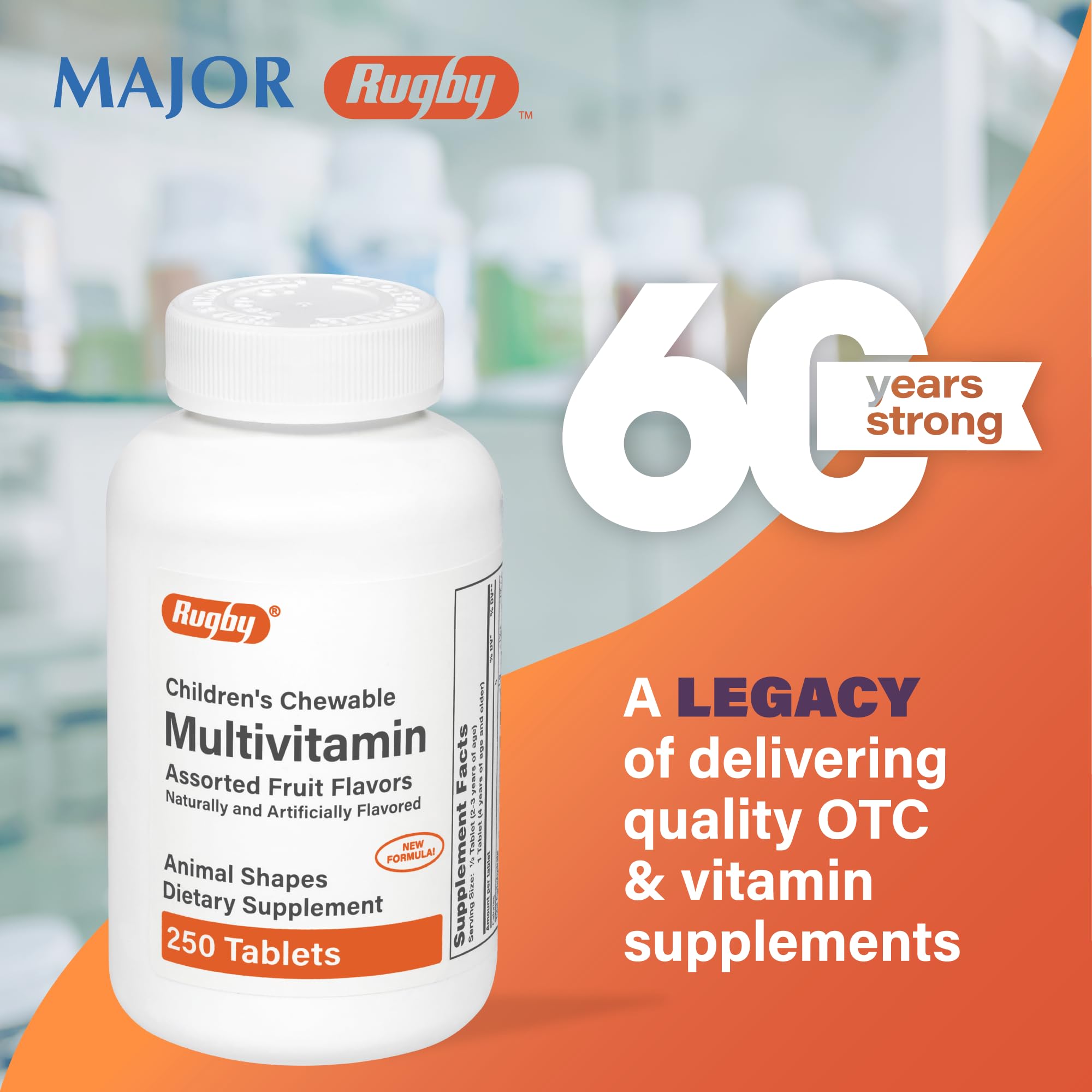 Rugby Laboratories Multivitamin bottle close-up highlighting animal shapes and flavors.