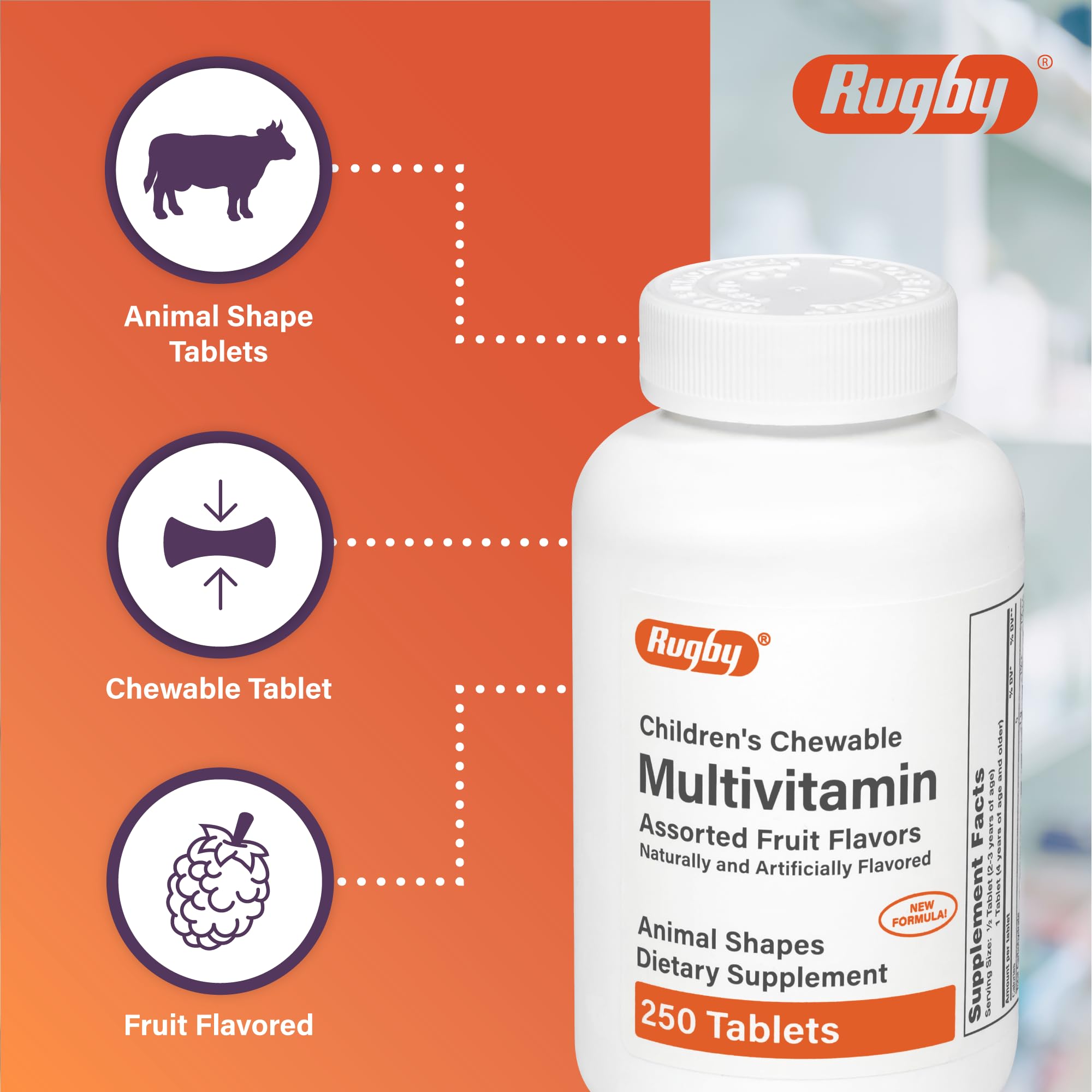 Rugby Laboratories Children's Multivitamin front of pack shows flavors and key vitamins.