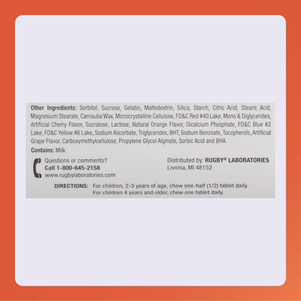 Rugby Laboratories Children's chewables near bottle opening for easy access.