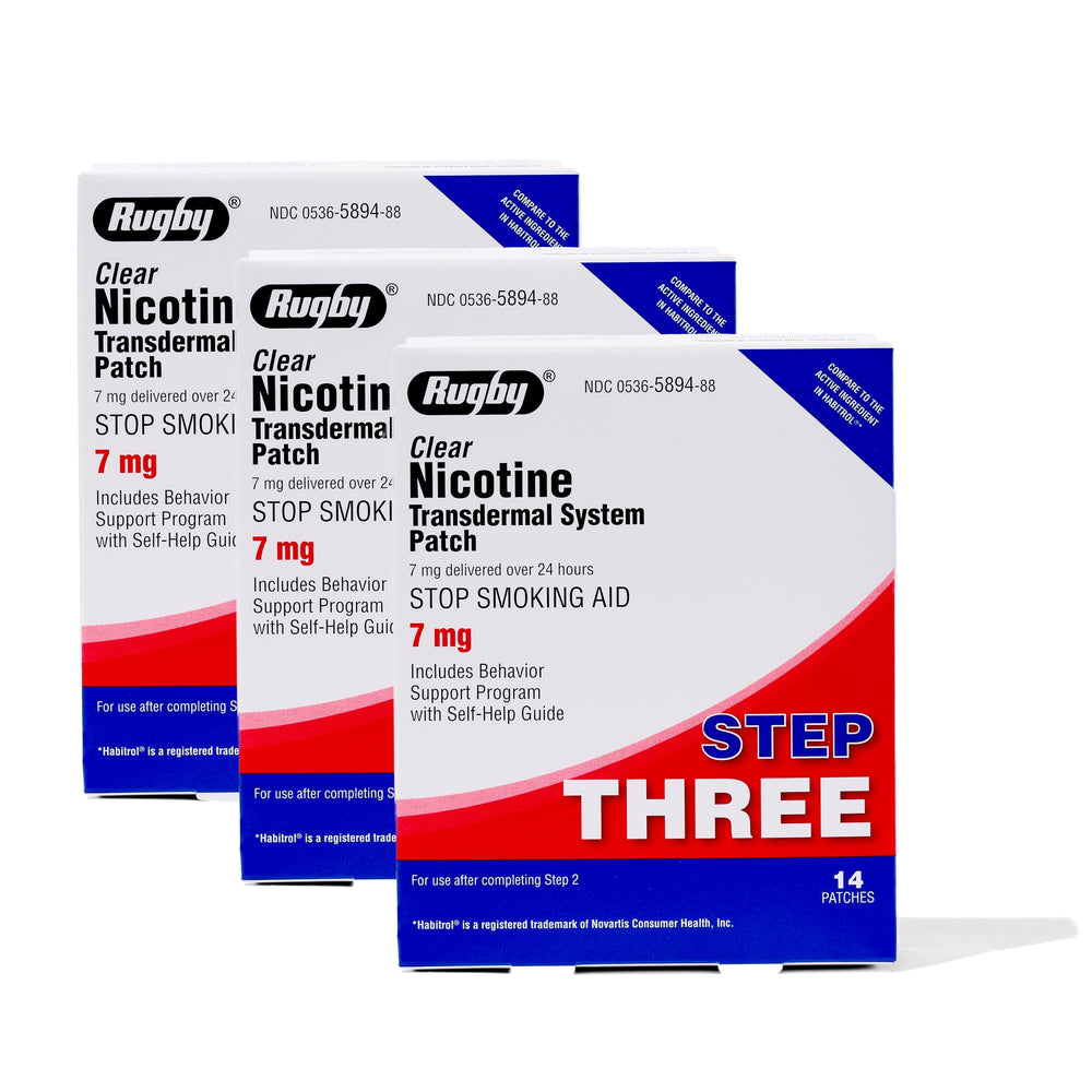 Rugby Laboratories clear nicotine patch Step 3 pack application on skin for steady delivery