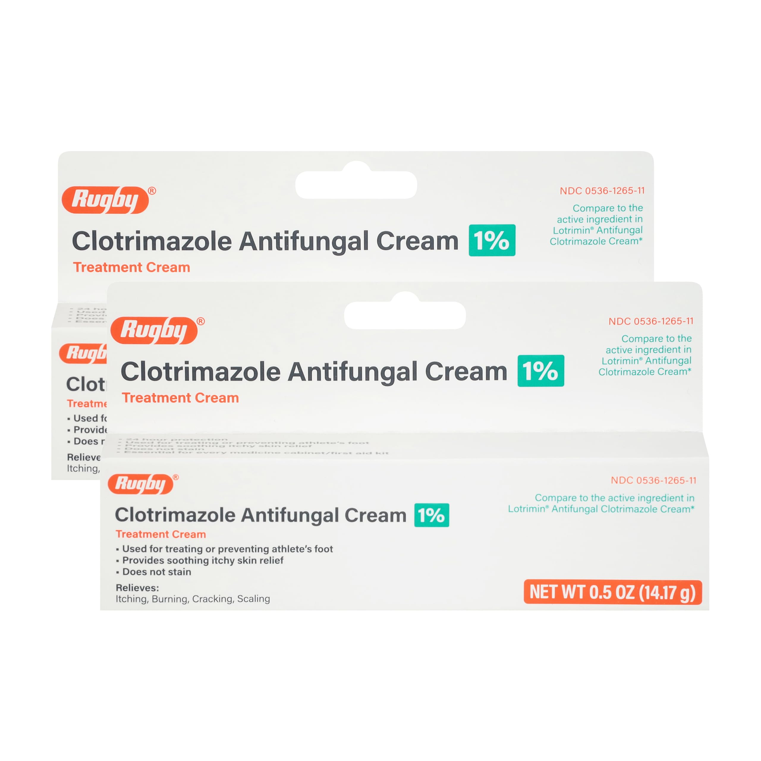 Rugby Laboratories crema antifúngica 1% en empaque doble, lista para usar.