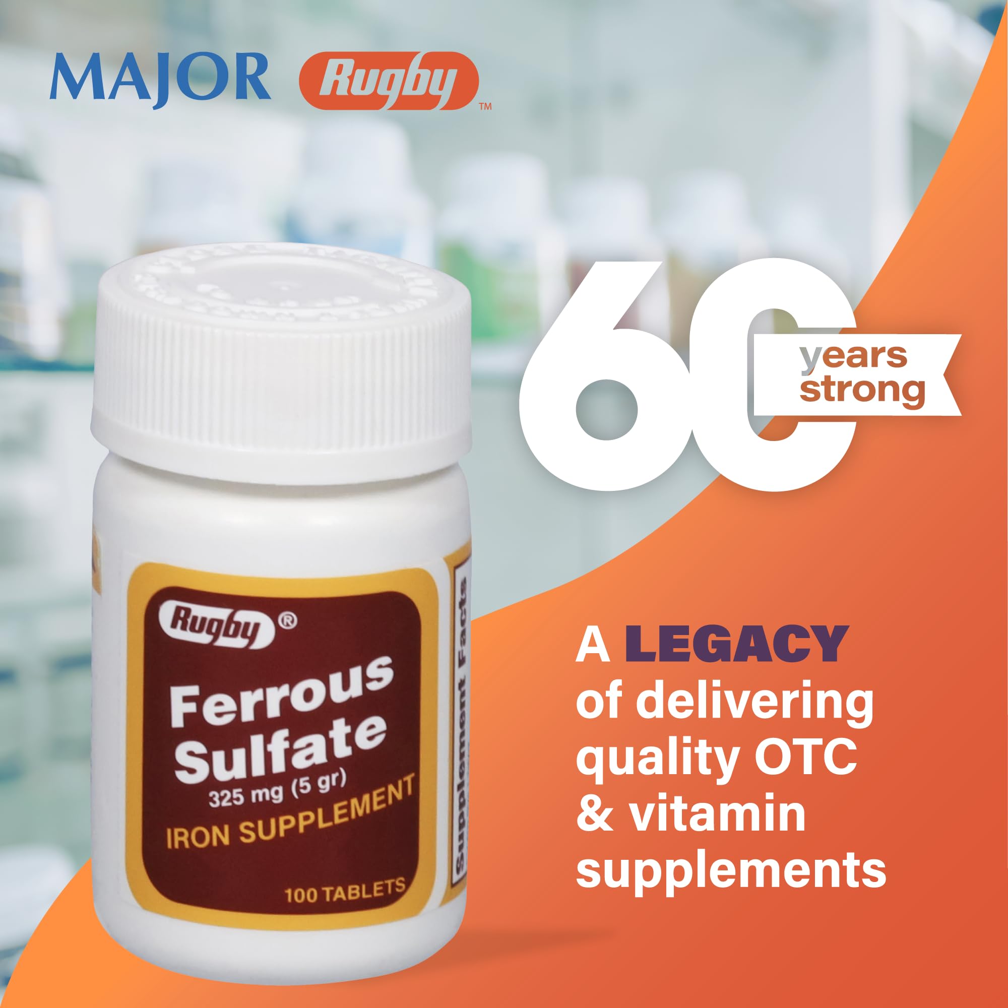 Rugby Laboratories Ferrous Sulfate 100-count packaging for long term use