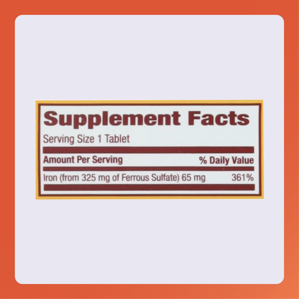 Rugby Laboratories Ferrous Sulfate label close-up highlighting attributes