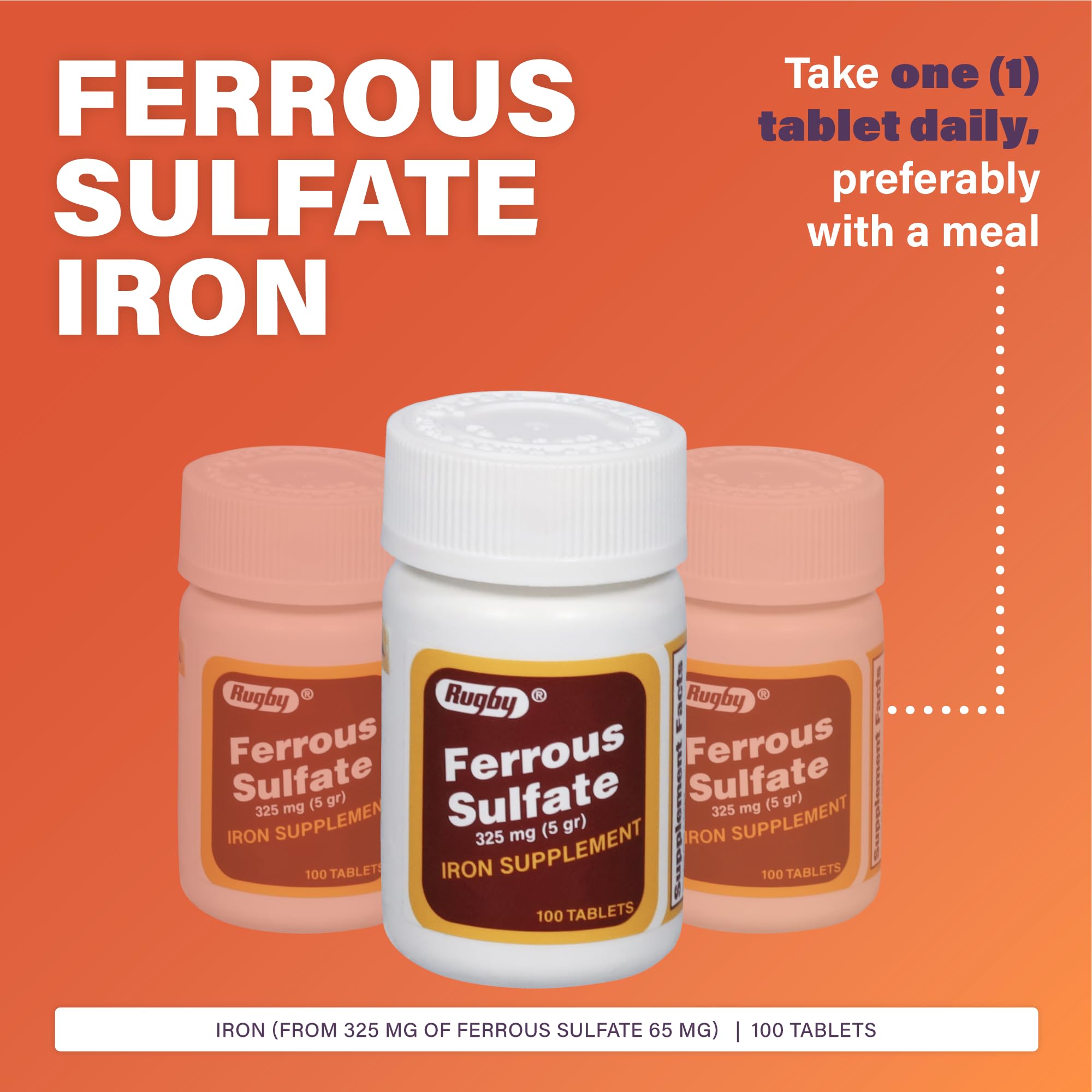 Rugby Laboratories Ferrous Sulfate tablets close-up 325mg detail for iron intake