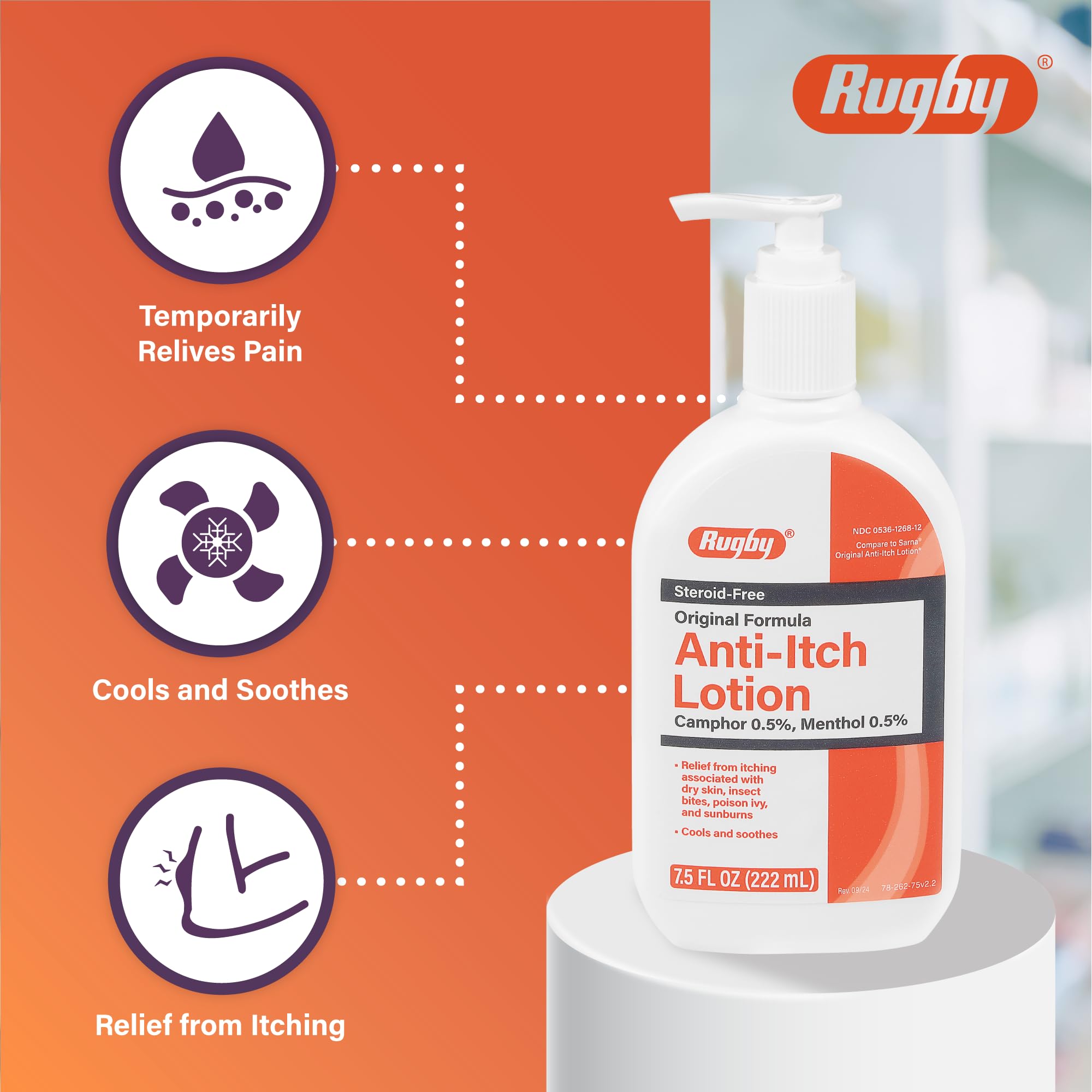 Rugby Laboratories loción con efecto refrescante de mentol y alcanfor para piel.