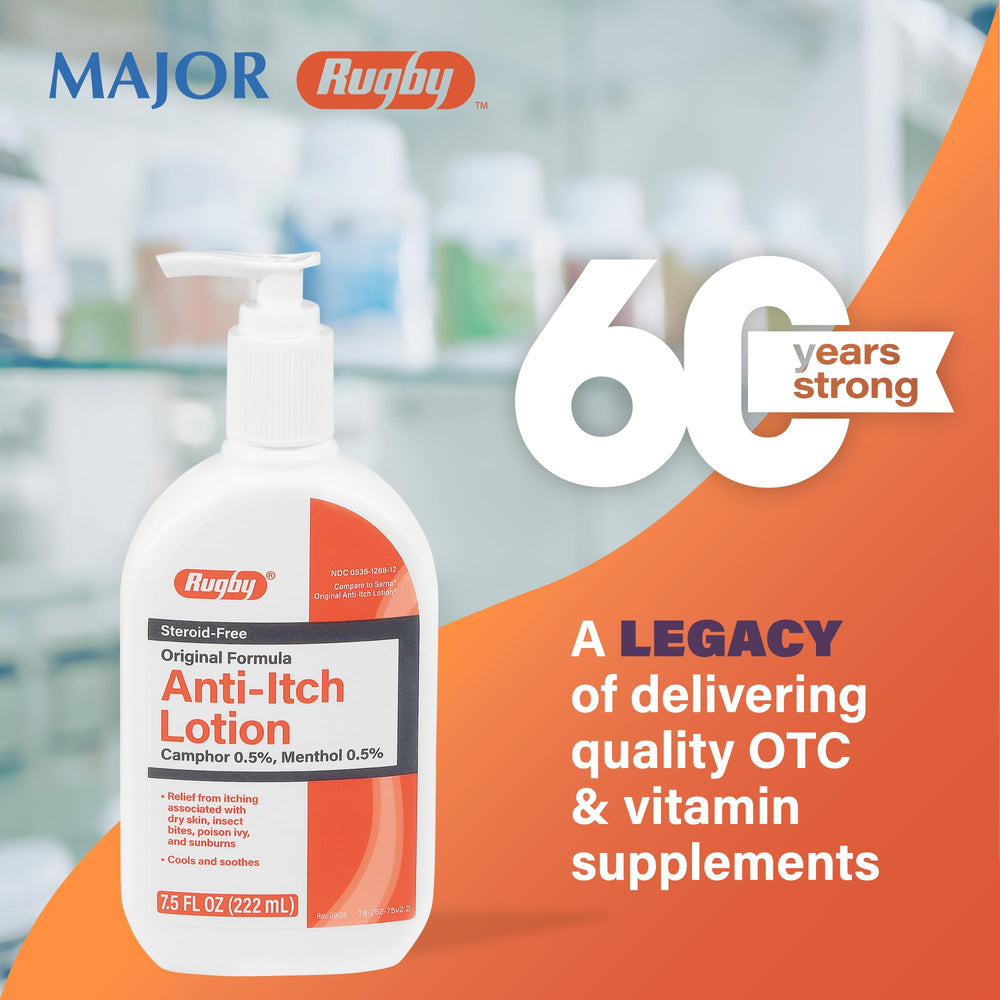 Rugby Laboratories loción etiqueta clara que muestra indicaciones e ingredientes.