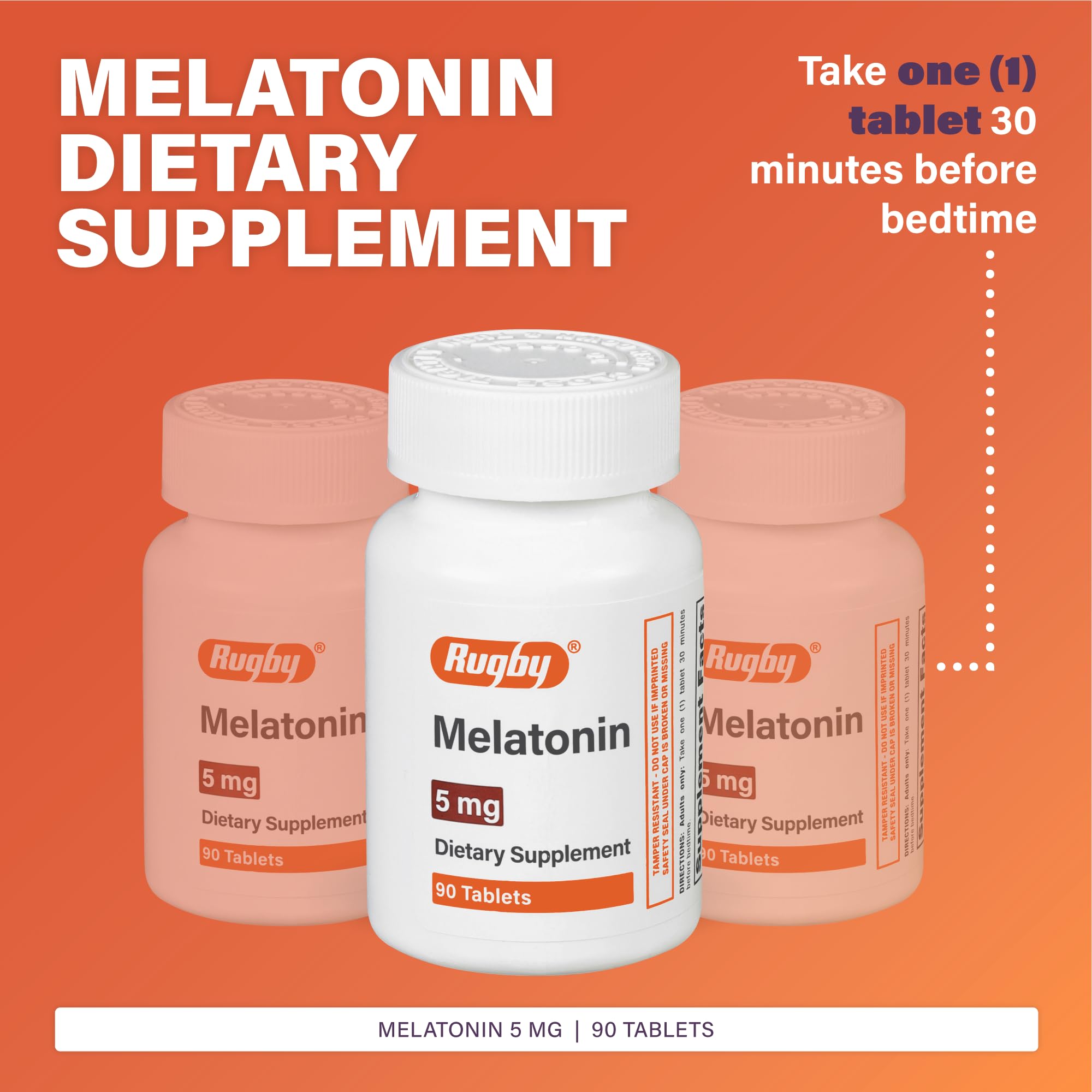 Rugby Laboratories melatonin tablets closeup, highlighting 5 mg dose for bedtime use
