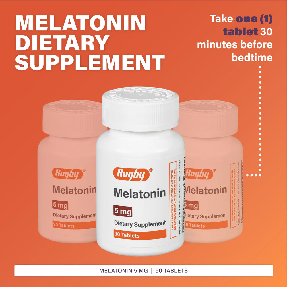 Rugby Laboratories melatonin tablets closeup, highlighting 5 mg dose for bedtime use