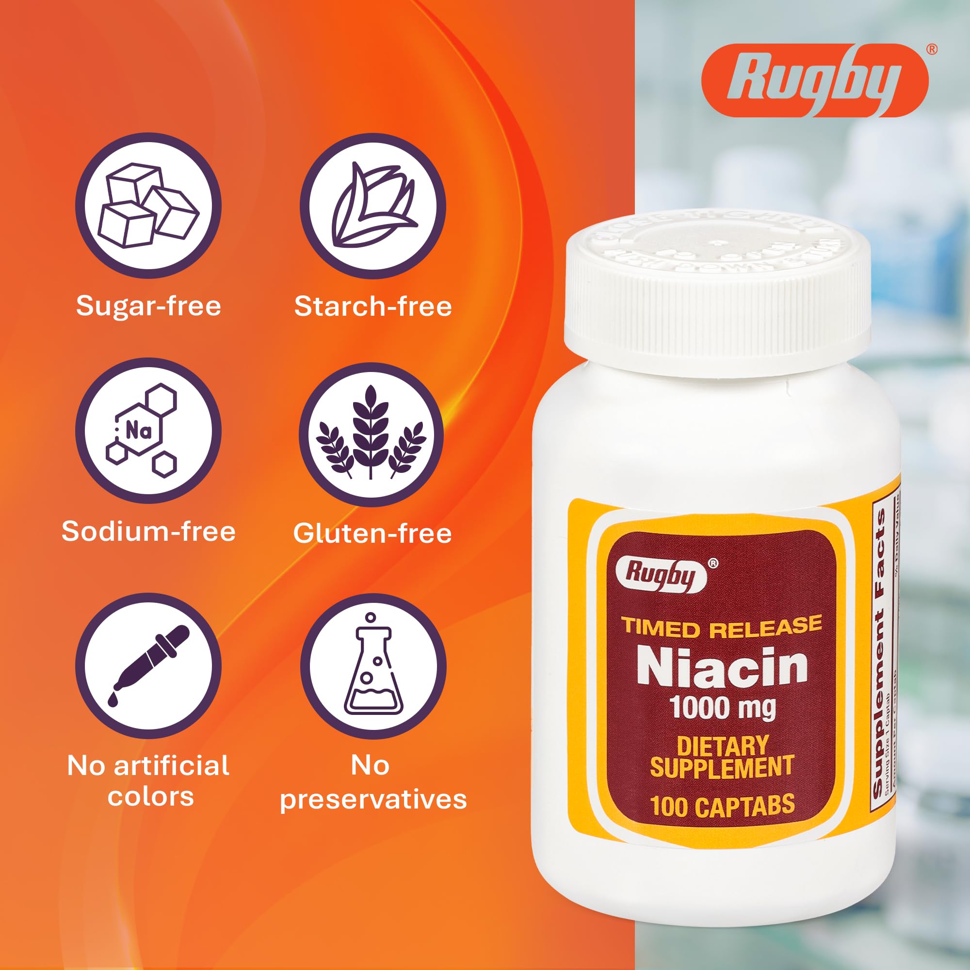 Rugby Laboratories niacin timed-release pack photo suggests convenience and value