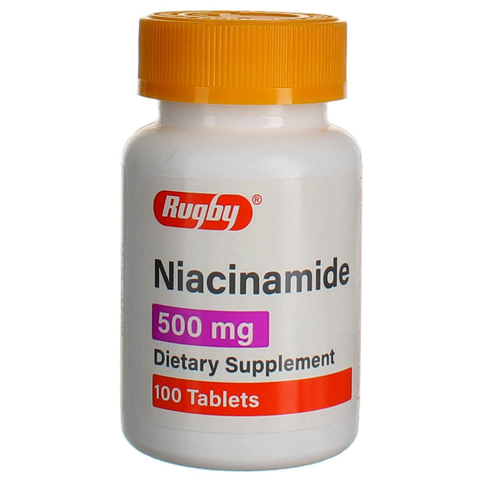 Rugby Laboratories Niacinamide 500 mg tablets neatly arranged for daily supplementation