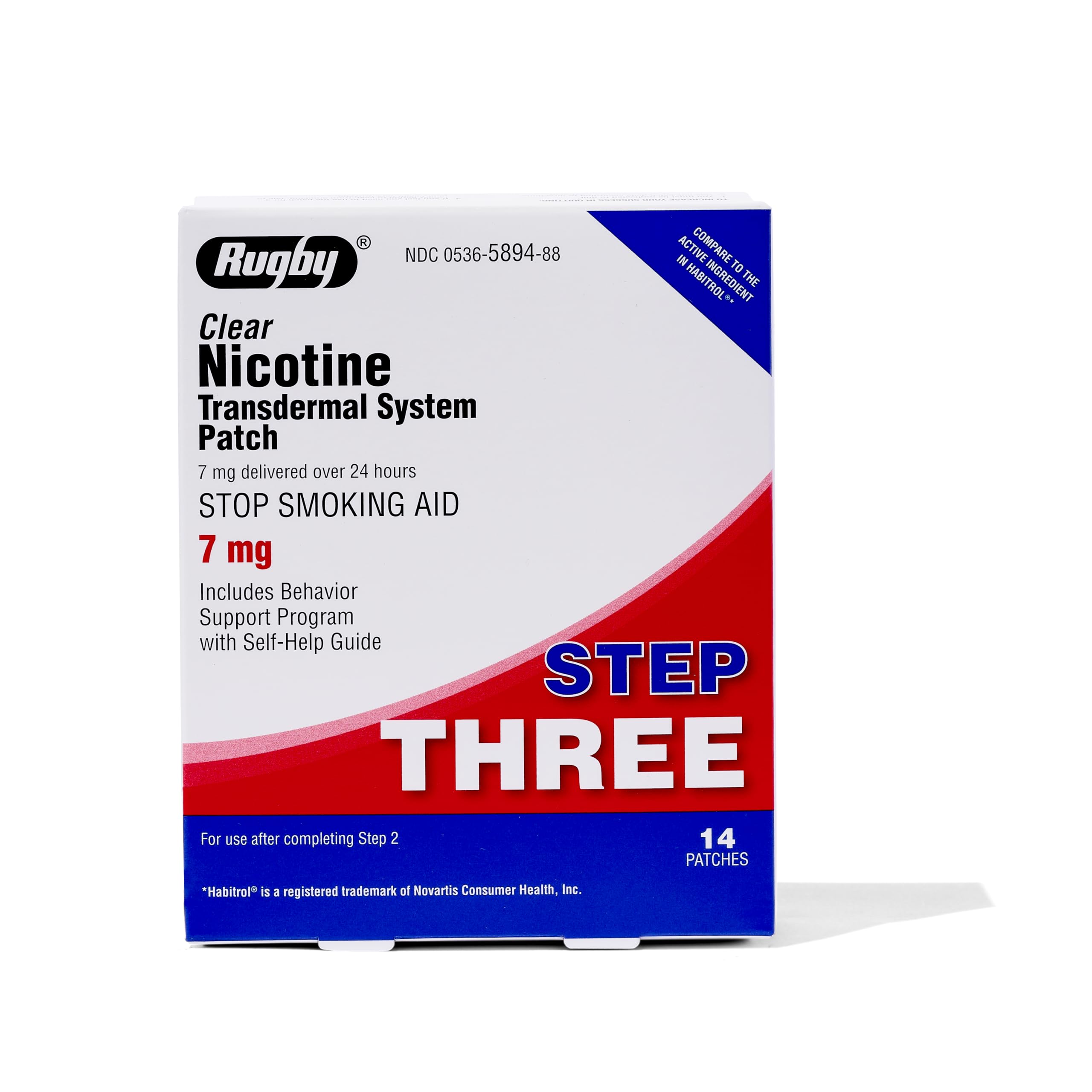 Rugby Clear nicotine patch Step 3 packaging offers discreet, single-pack support for quit planning.