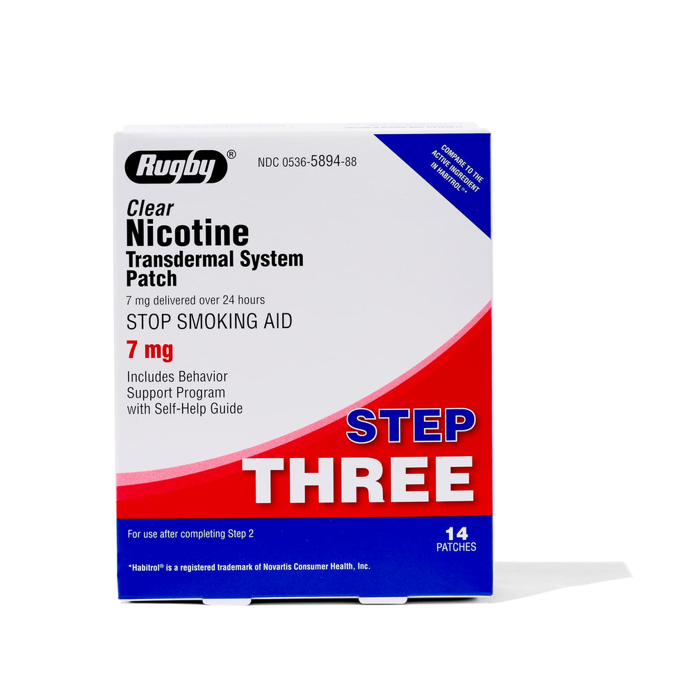 Rugby Clear nicotine patch Step 3 packaging offers discreet, single-pack support for quit planning.