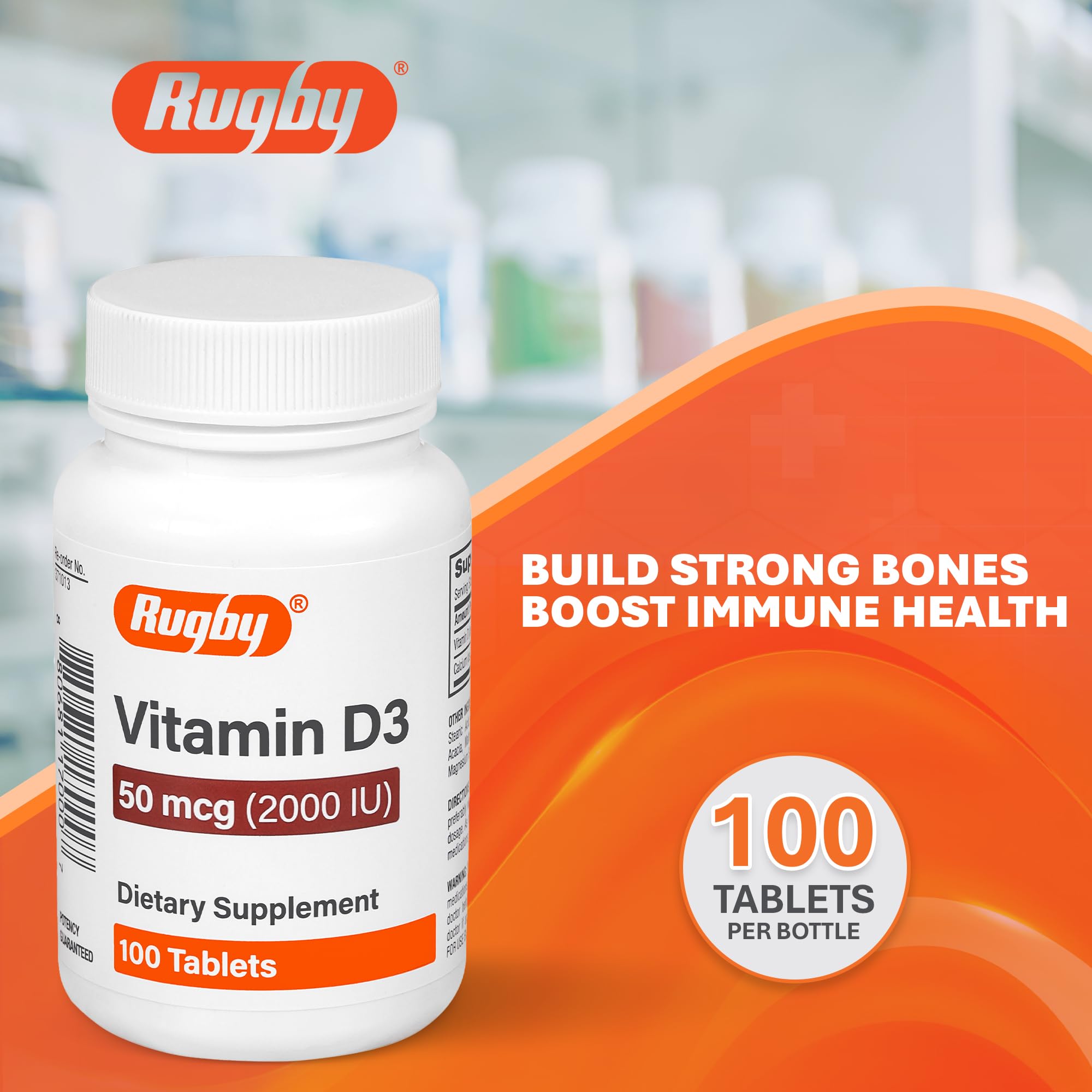 Rugby Laboratories Vitamin D3 bottle label highlights gluten-free formula and daily support.