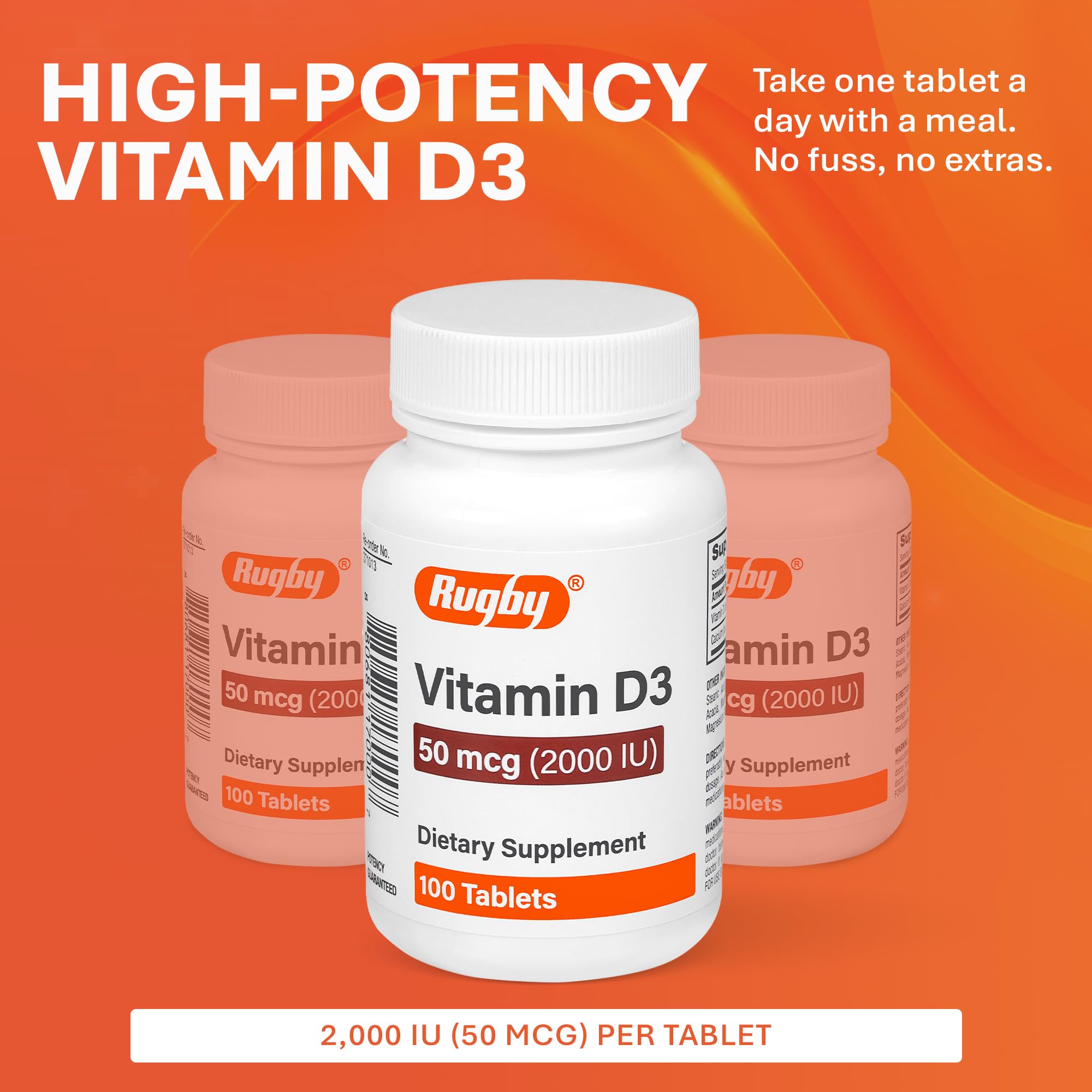 Rugby Laboratories Vitamin D3 bottle pour shows easy daily dosing for bone support.