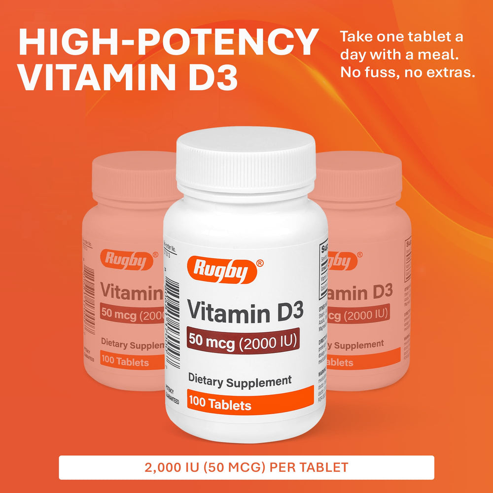 Rugby Laboratories Vitamin D3 bottle pour shows easy daily dosing for bone support.