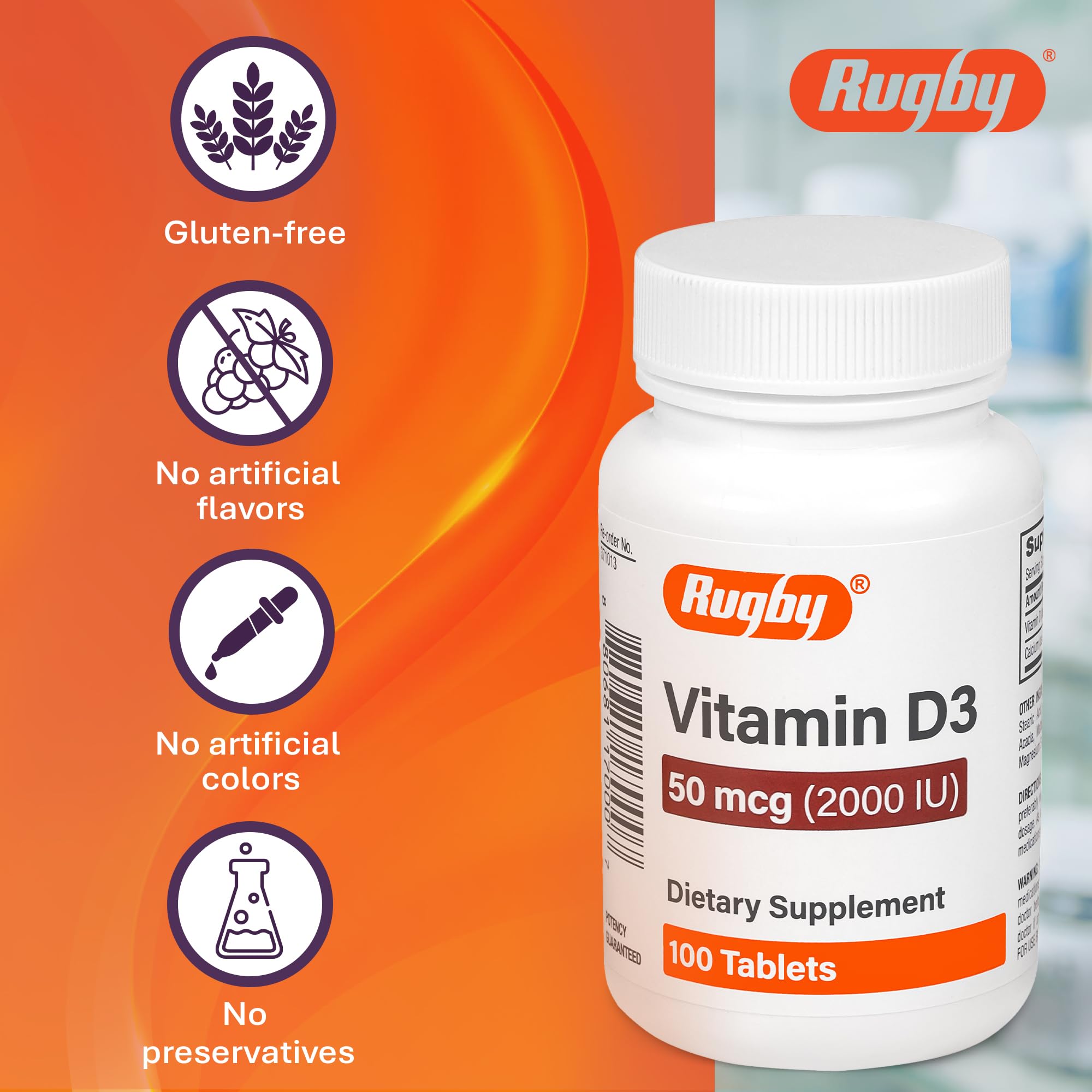 Rugby Laboratories Vitamin D3 gluten-free seal on label supports dietary compatibility.