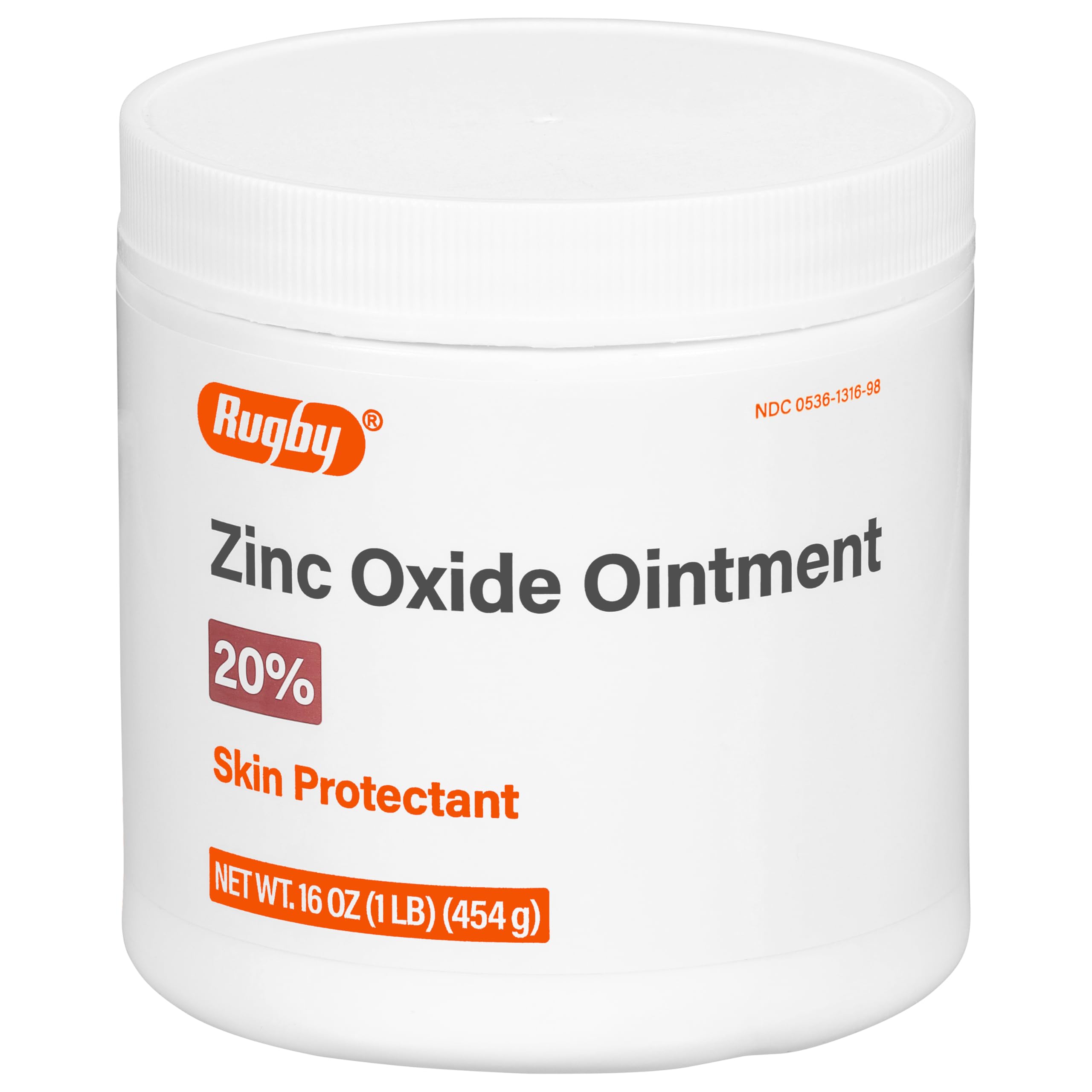 Rugby Laboratories zinc oxide ointment bottle label shows 20% active ingredient for skin protection.