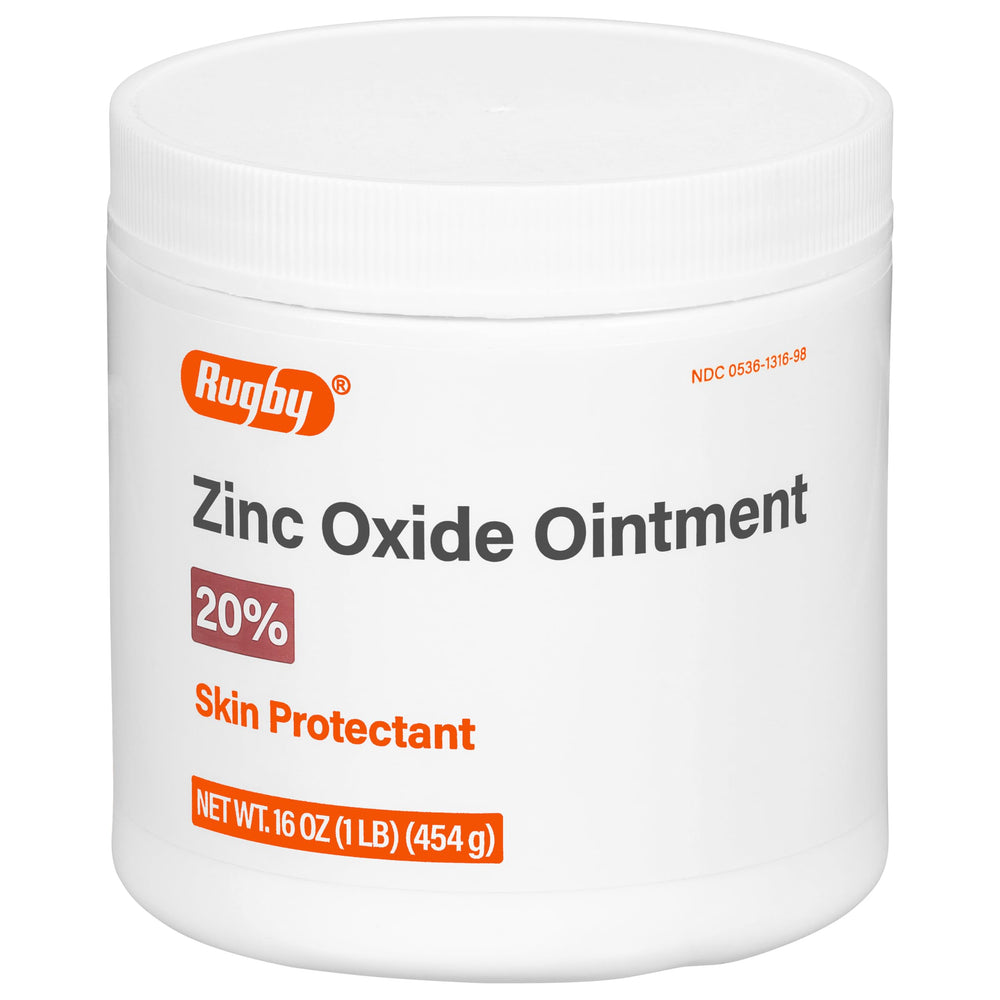 Rugby Laboratories zinc oxide ointment bottle label shows 20% active ingredient for skin protection.