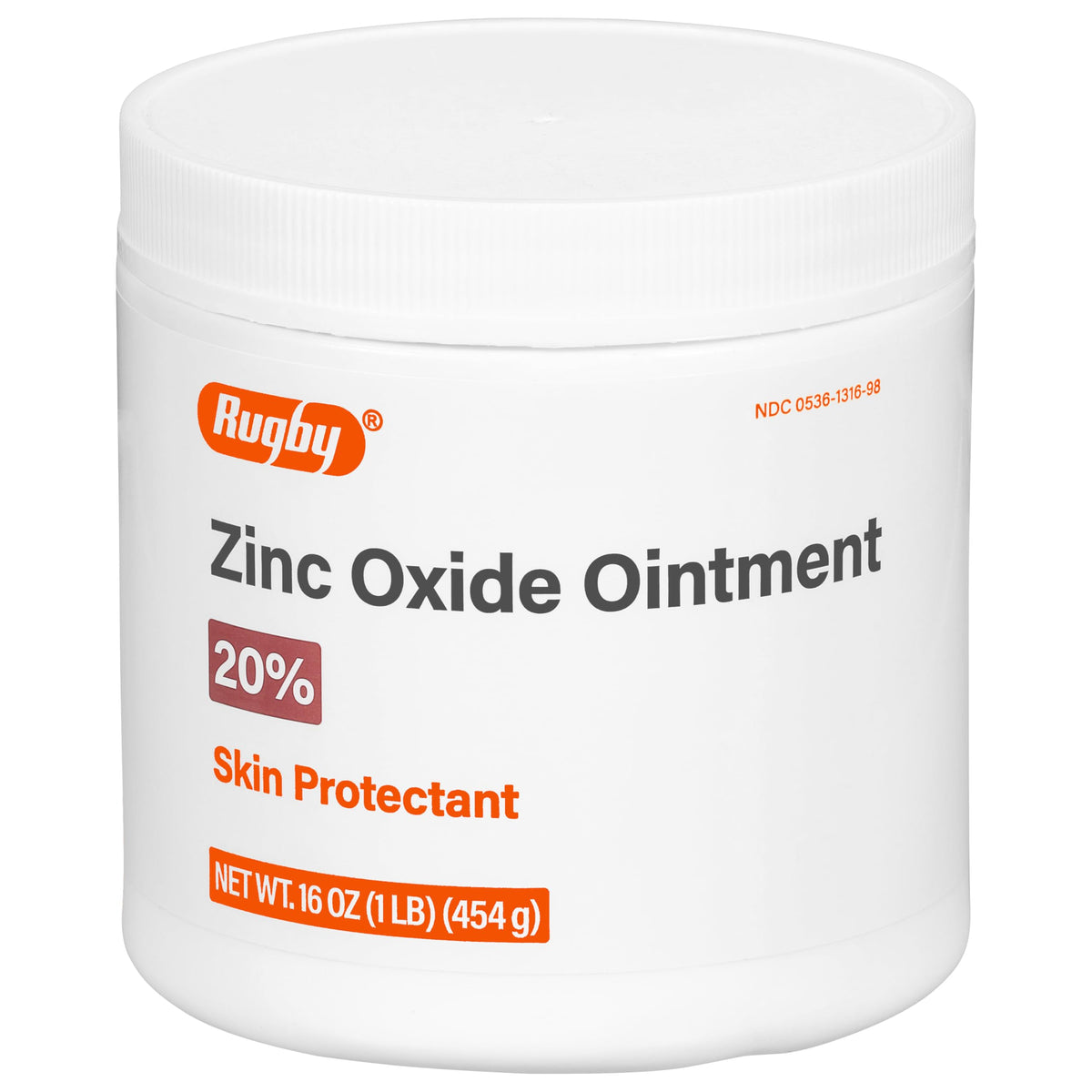 Rugby Laboratories zinc oxide ointment bottle label shows 20% active ingredient for skin protection.