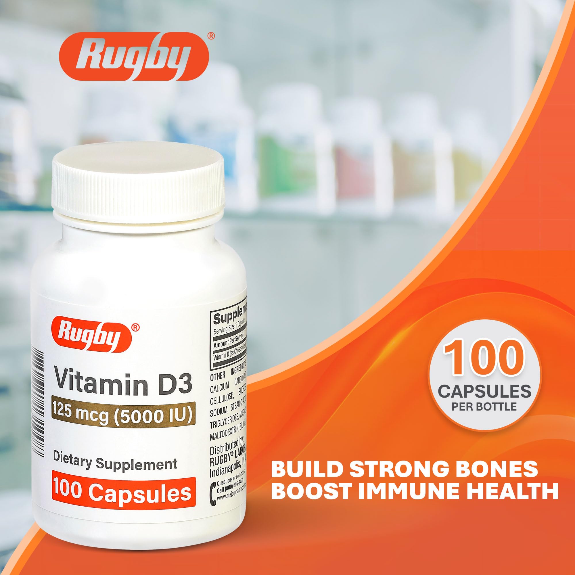 Rugby Laboratories D3 capsules in a bottle highlighting easy daily intake.