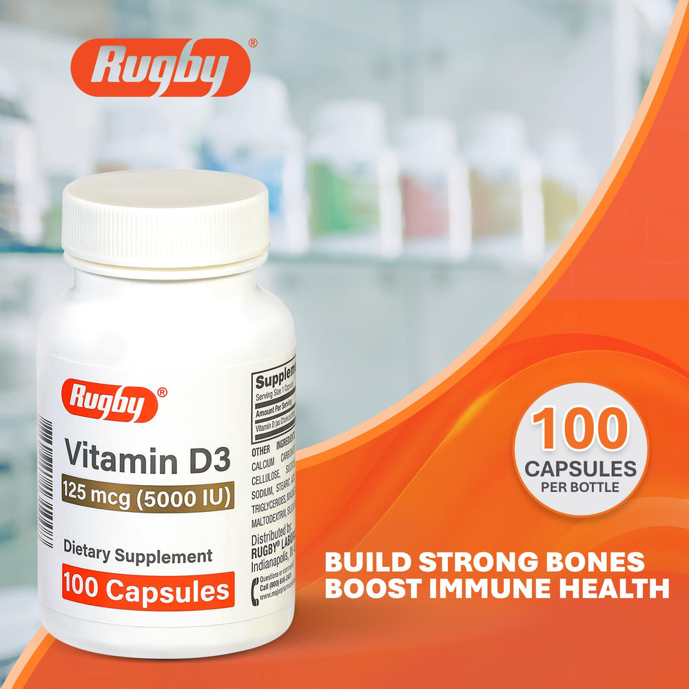 Rugby Laboratories D3 capsules in a bottle highlighting easy daily intake.