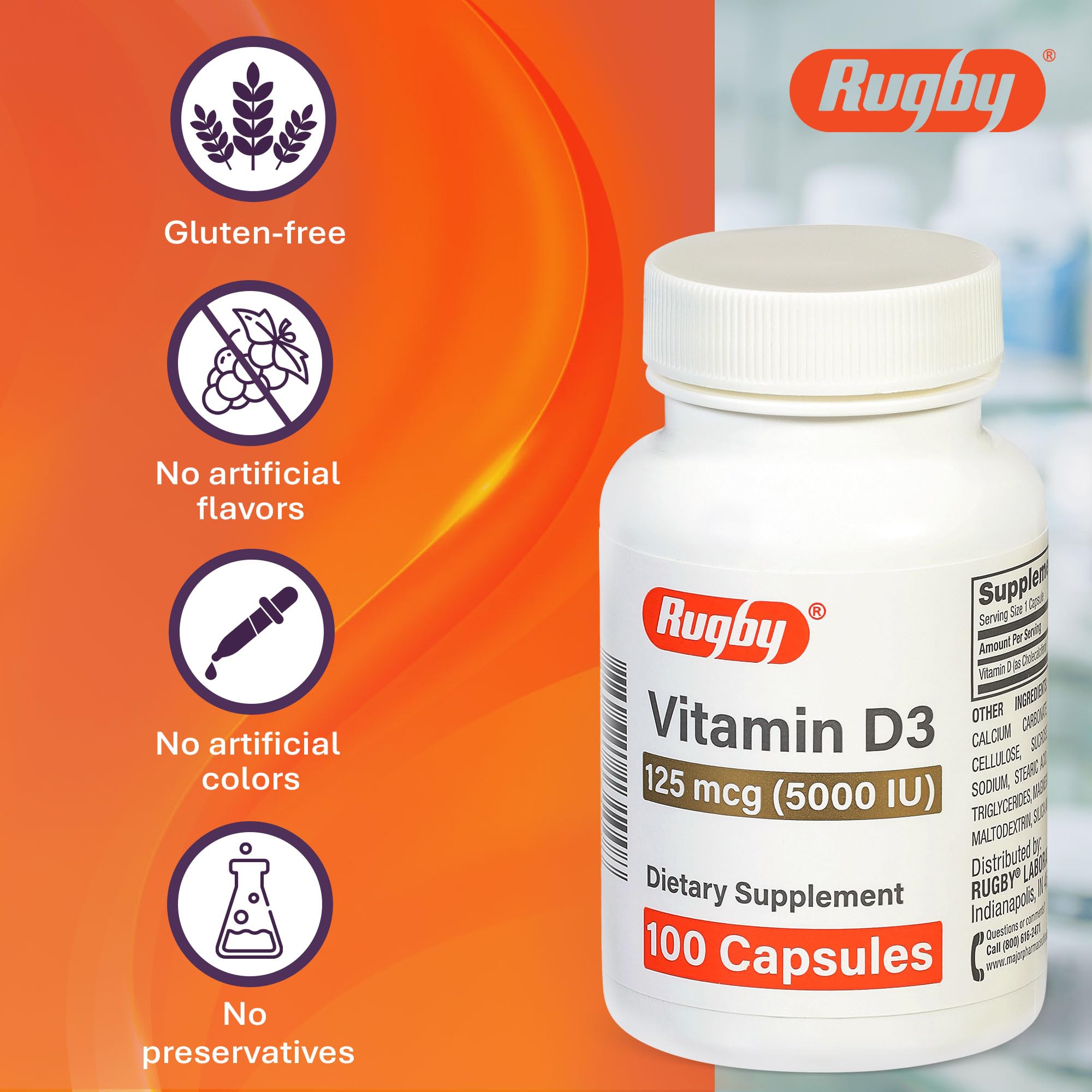 Close-up of Rugby D3 label highlighting gluten-free formulation.