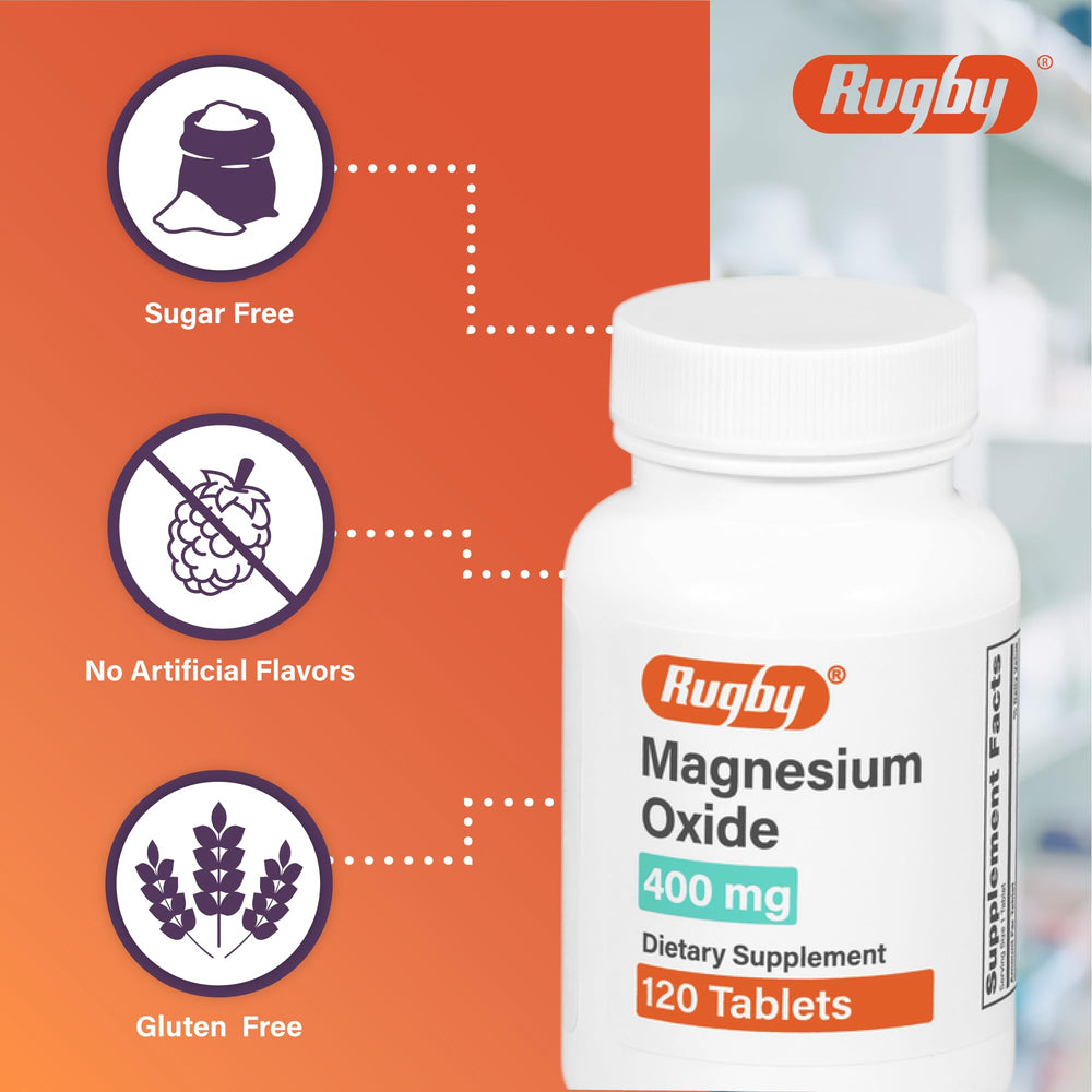 Rugby Labs magnesium oxide 400mg bottle front highlights gluten-free formula