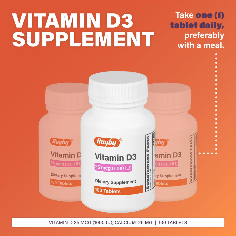 Rugby Laboratories Vitamin D3 bottle pour showing easy daily dose.