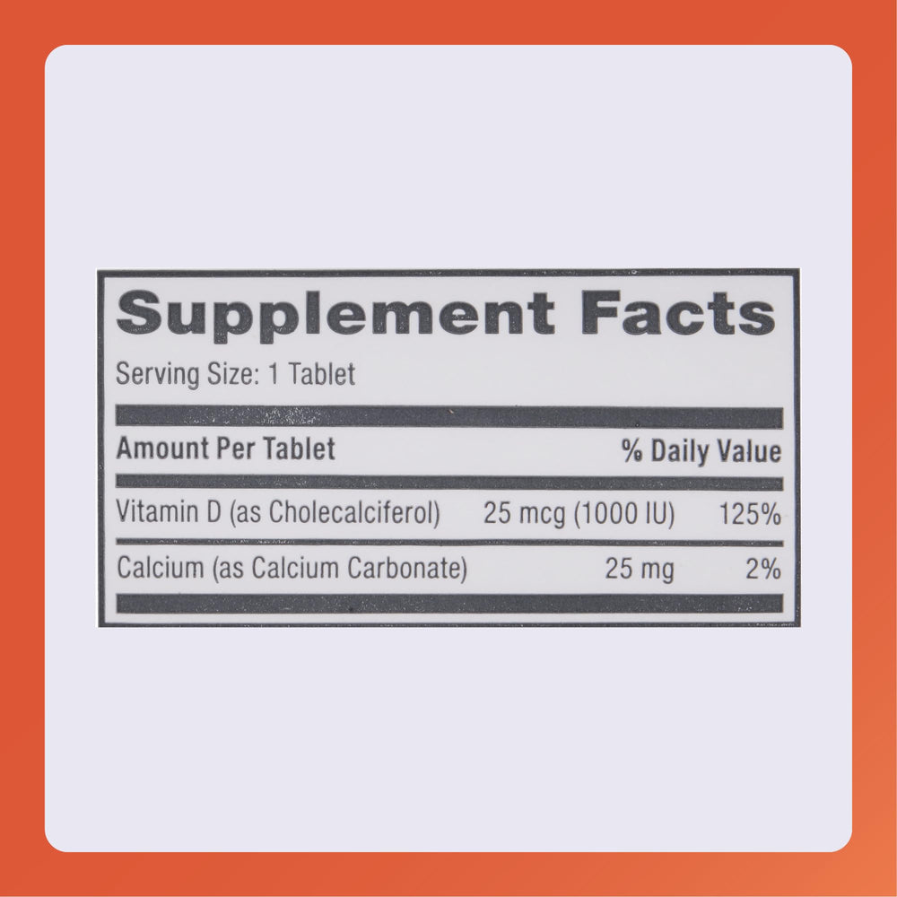 Rugby Vitamin D3 pack macro shot, 100-tablet bottle.
