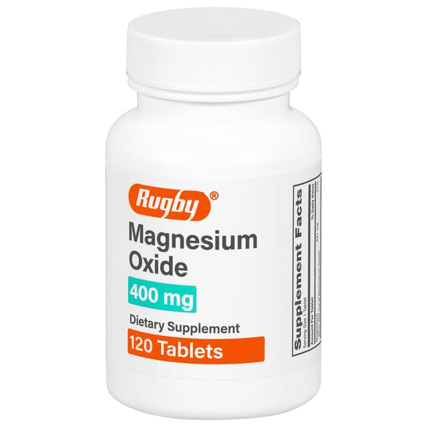 Rugby Magnesium Oxide 400 mg tablets in bottle for daily supplementation.